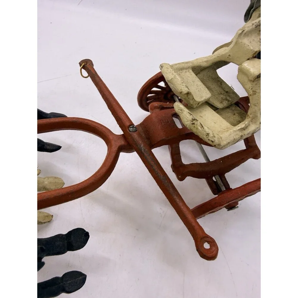 Vintage Cast Iron 3 Horse Drawn Fire Red Wagon Steam Pumper Toy